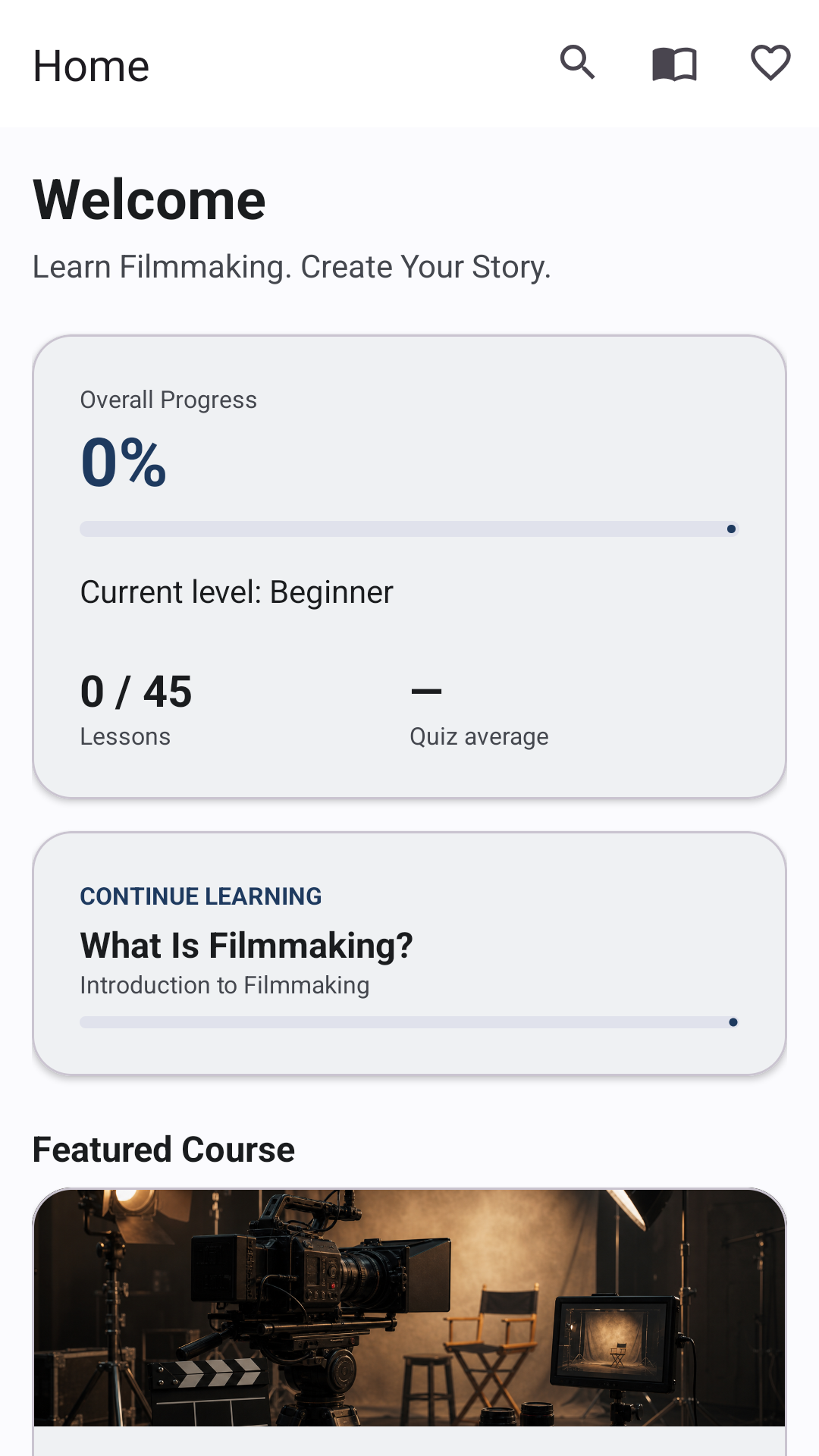 CineStart Academy home dashboard screenshot