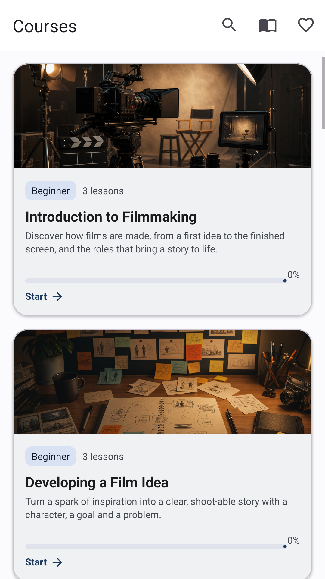 CineStart Academy courses screenshot
